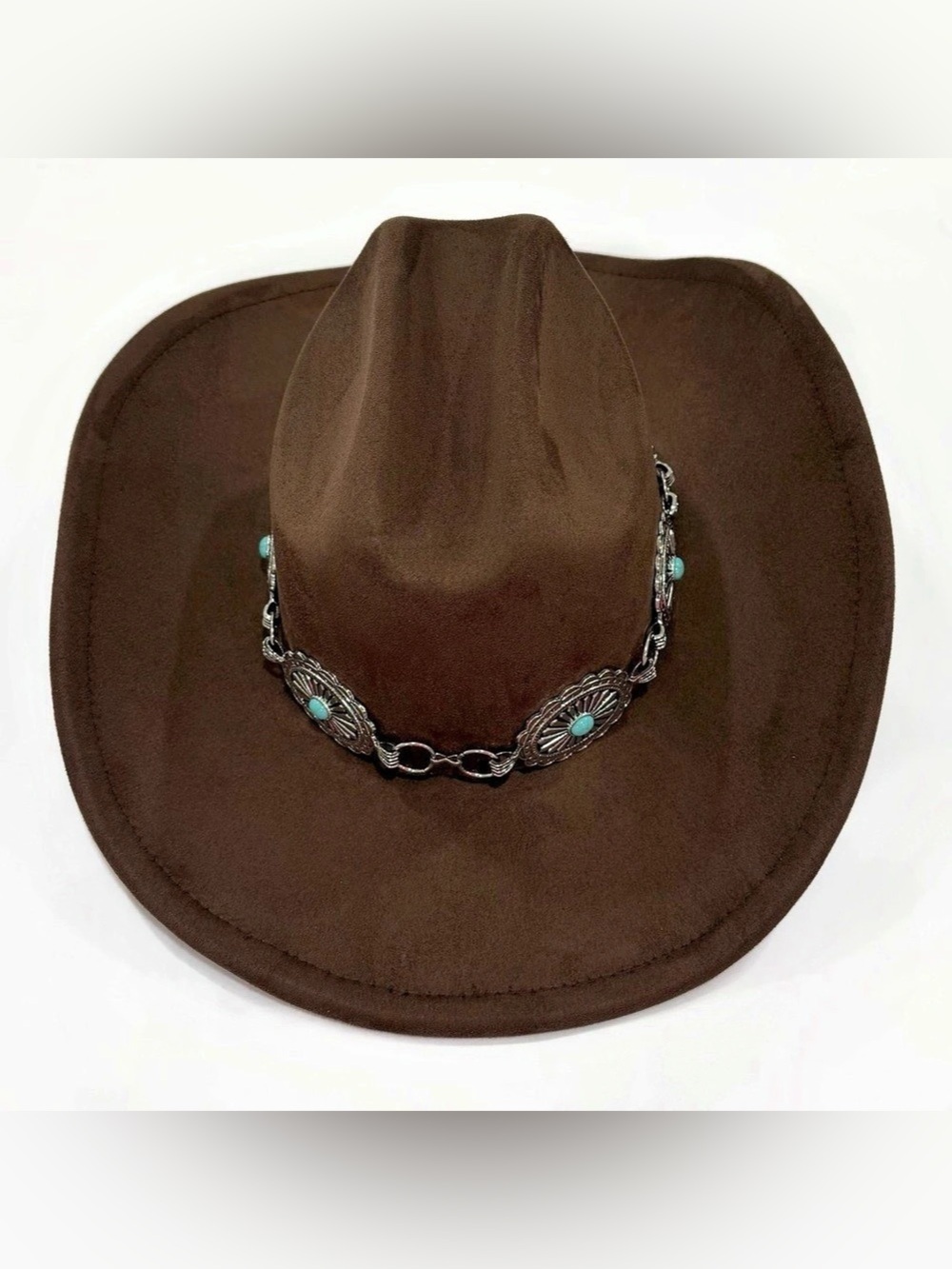 Bohemian Chocolate Brown Western Cowboy Hat with turquoise & Silver Chain | Os